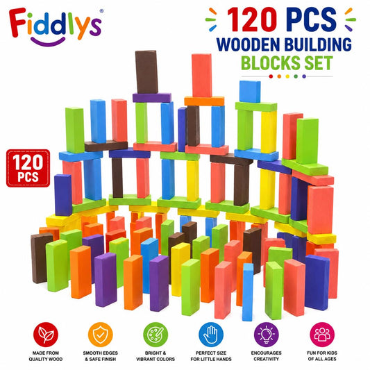 Fiddlys 120 Pieces 12 Colour Wooden Dominos Blocks Educational Game Play Set Toy for Kids