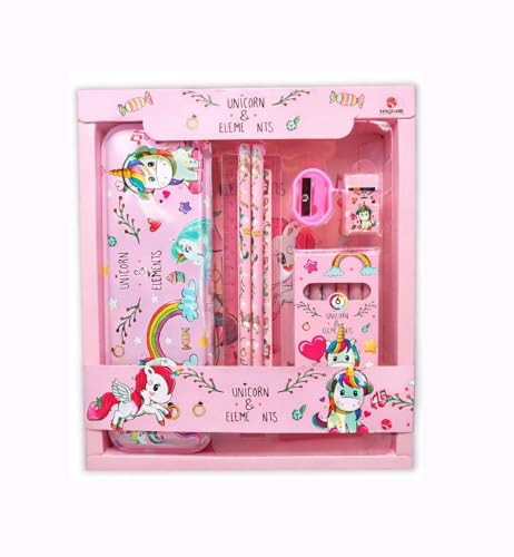 Fiddlys 6-in-1 Kids Stationery Kit for Boys, Cartoon Theme Gift Set with Pencil Box, Colour Set, Pencil, Eraser, Scale & Sharpener – Birthday Return Gift for Kids (Unicorn)