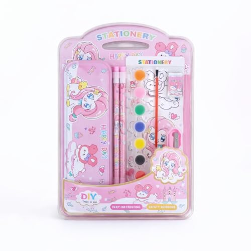 Fiddlys Kids Stationery Set with Metal Pencil Box | 3-in-1 DIY Kit Drawing Painting Writing | Cute Panda & Unicorn Design | Complete School Kit | Birthday Return Gift for Boys & Girls (Unicorn)