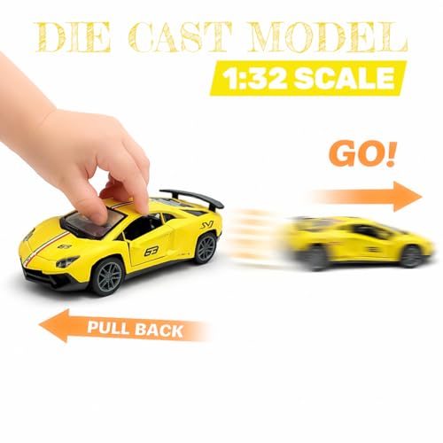 The Flyers Bay 1:32 Scale DieCast Metal Pull-Back Action Openable Doors Premium Car Toy for Kids Realistic Miniature Model Gift 2+yrs Girls Boys (Yellow)