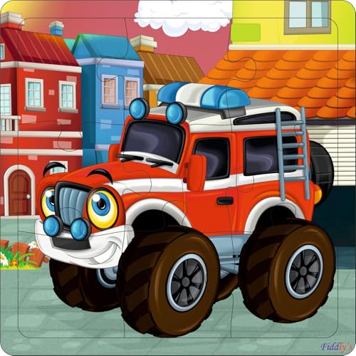 Fiddlys Wooden Jigsaw Puzzles for Kids & Children – 9 Pieces Each, Pack of 4|Double Layered Front & Back Print| Educational Toy for Boys & Girls Age 2 3 4 5 6 Year Old (Vehicles (Pack of 4))