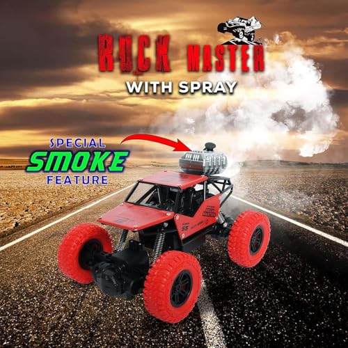 The Flyers Bay Rock Master Remote Control Car with Smoke | 4WD Monster Truck Rock Crawler for Kids | 2.4 GHz RC, Off-Road Suspension, LED Smoke Effect | Rechargeable C-Type Charging (Red)
