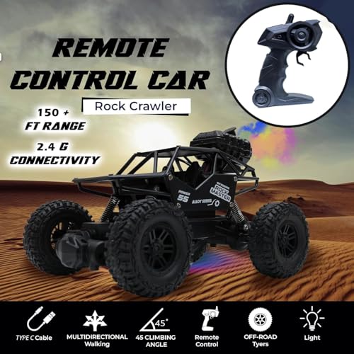 The Flyers Bay Rock Master Remote Control Car with Smoke | 2WD Monster Truck Rock Crawler for Kids | 2.4 GHz RC, Off-Road Suspension, LED Smoke Effect | Rechargeable C-Type Charging