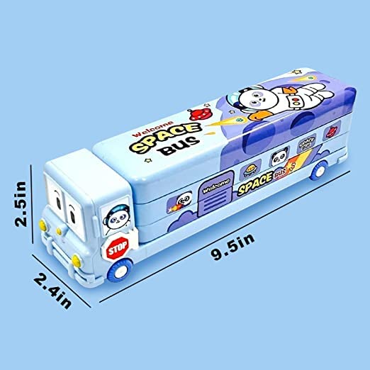 Fiddlys Stylish School Bus Geometry Box with Wheel for Kids 3+ Years (Blue)