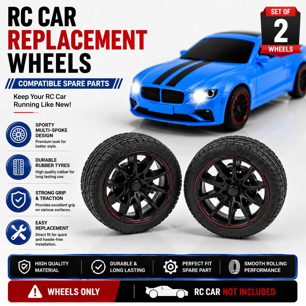 RC Car Replacement Wheels Set of 2 | Compatible Spare Wheels with Durable Rubber Tyres | Strong Grip & Smooth Rolling Replacement Parts for RC Toy Cars