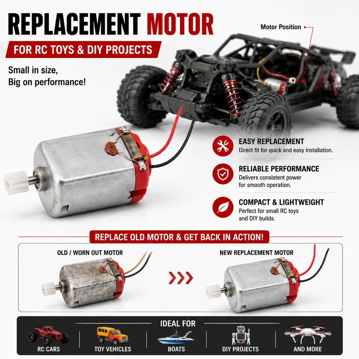 Mini DC Motor with Pre-Wired Leads & Gear | Compact High-Speed DC Motor for RC Cars, Toys, DIY Projects & Electronics