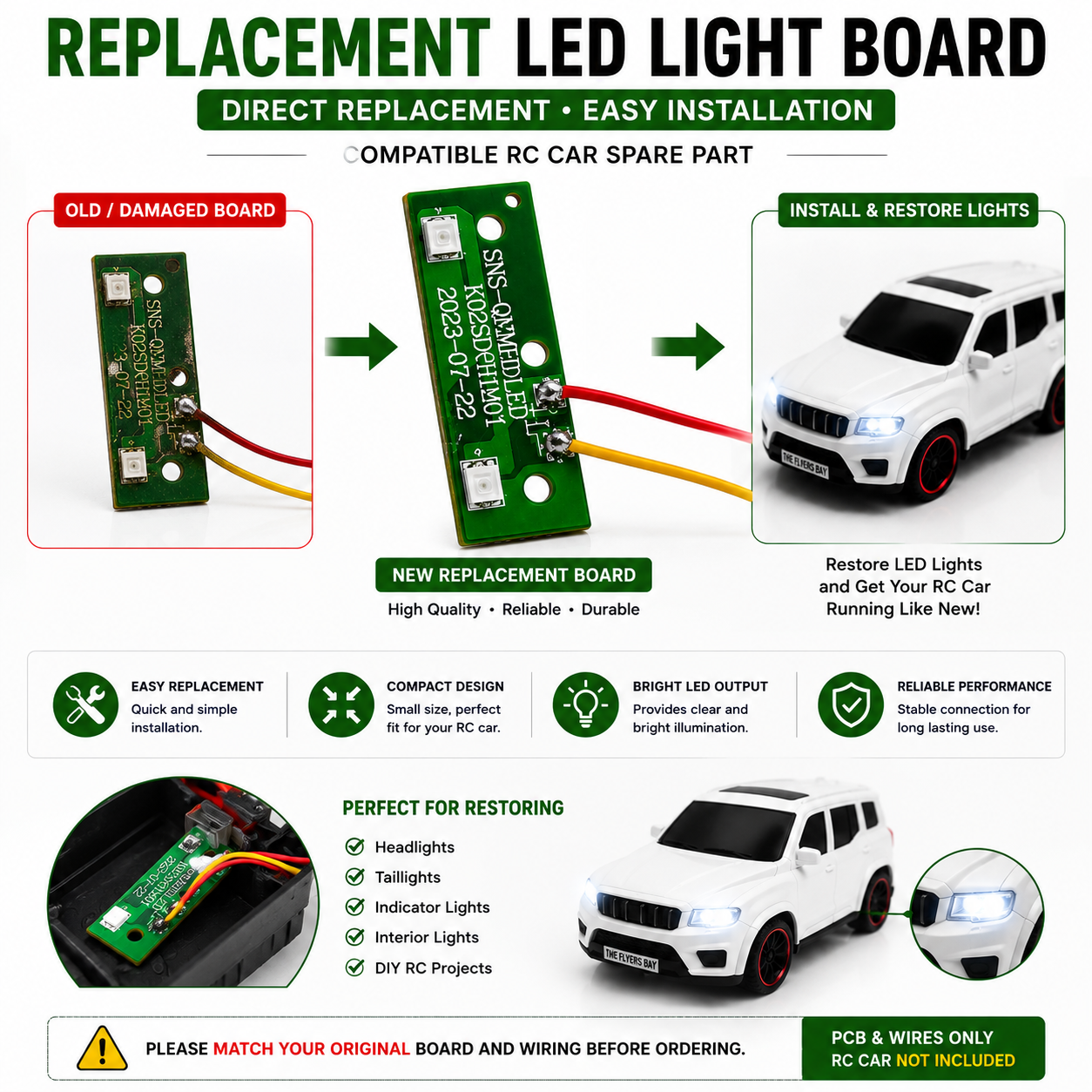 RC Car Replacement LED Light Board with Wires | Compatible LED PCB Spare Part for Rechargeable RC Cars, Toy Cars & DIY Projects | Easy Replacement