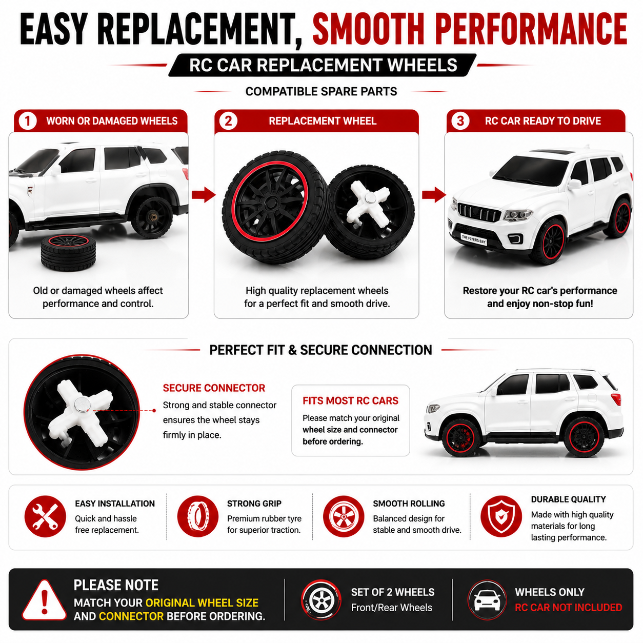 RC Car Replacement Wheels Set | Compatible Spare Wheel with Rubber Tyres & Secure Connector | Replacement Parts for RC Toy Cars