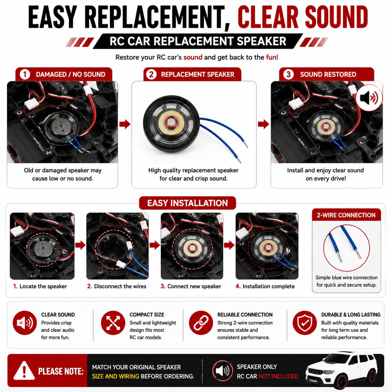 RC Car Replacement Speaker with 2-Wire Connection | Mini Compact Speaker for RC Cars, Toy Vehicles & DIY Projects | Clear Sound Audio Spare Part