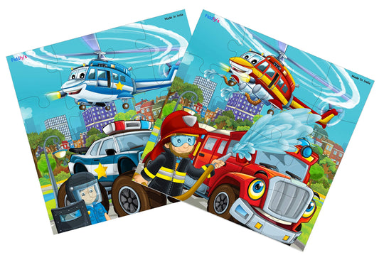 Fiddlys Fiddly's 16-Piece Wooden Jigsaw Puzzles for Kids Ages 3+, Double Layered Wooden Puzzles with Bright Front & Back Print (Pack of 2 - Fireman & Policeman)