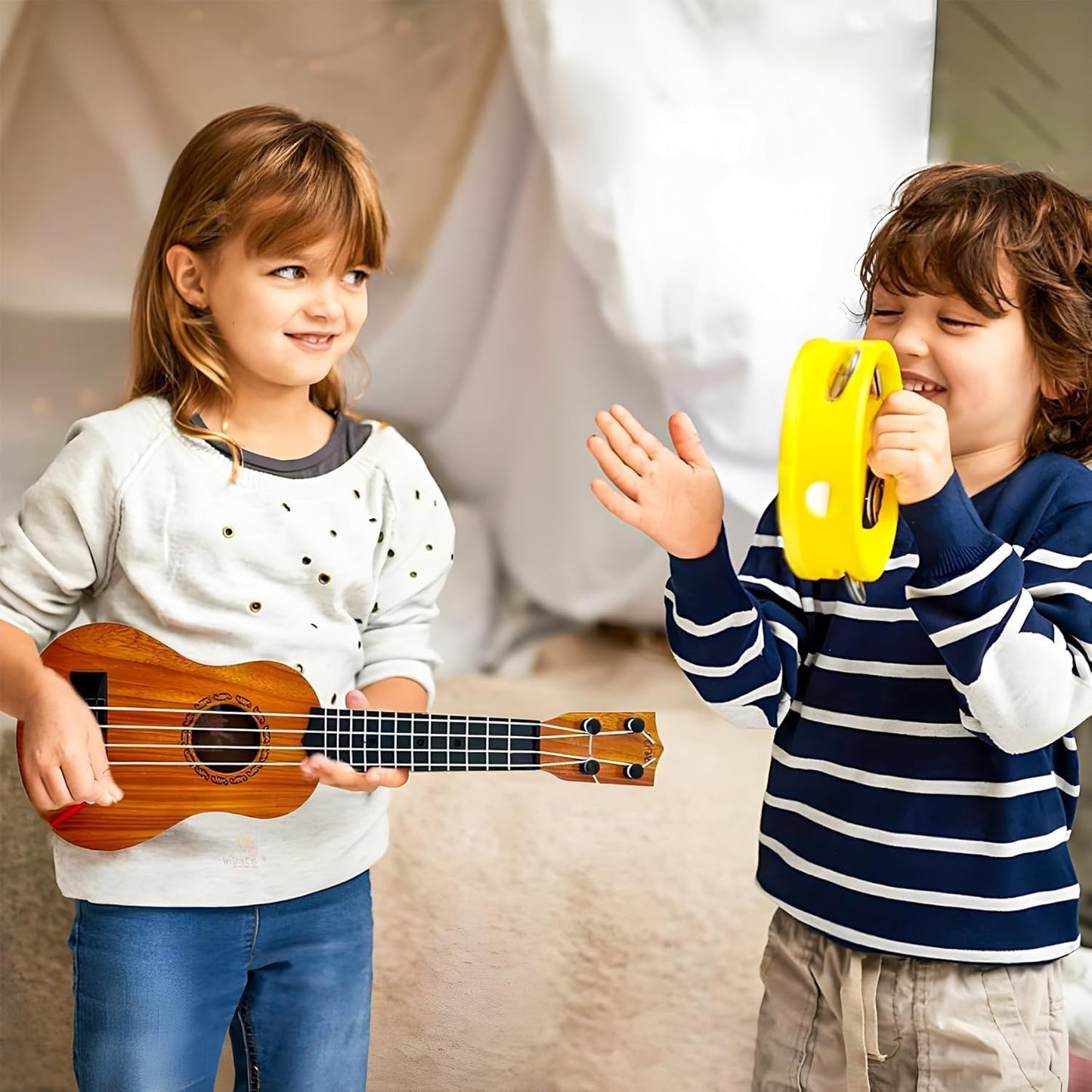 The Flyers Bay 4 Strings Acoustic Guitar Toy for Kids, Educational Musical Instrument for Beginners, Learning Music Toy with Sound, 6+ Years, Brown, 22 Inches