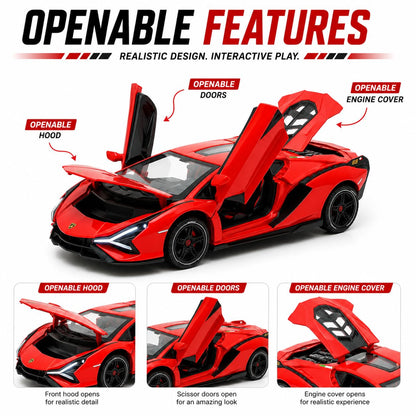 The Flyers Bay 1:32 Scale DieCast Metal Pull-Back Action Openable Doors Light and Music Lamborghini Premium Car Toy for Kids Realistic Miniature Model Gift 2+yrs Girls Boys