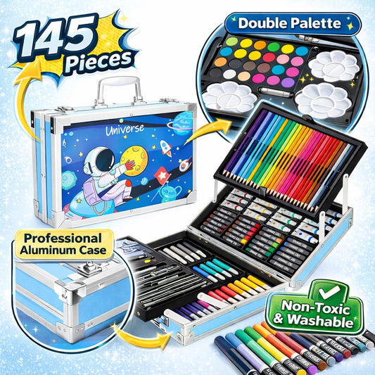 Fiddlys 145 Pcs Kids Art Set Unicorn & Space Theme | Colour Pencils, Oil Pastels, Paint Brushes | Drawing & Craft Kit for Boys & Girls | Gift Set for Kids