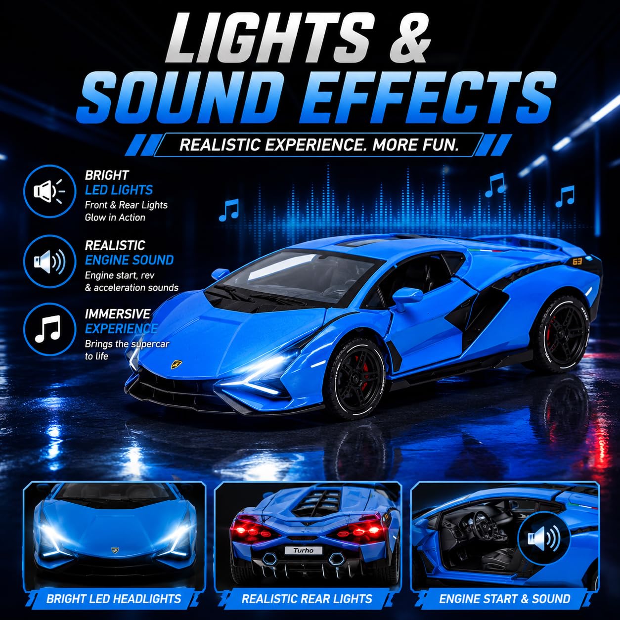 The Flyers Bay 1:32 Scale DieCast Metal Pull-Back Action Openable Doors Light and Music Lamborghini Premium Car Toy for Kids Realistic Miniature Model Gift 2+yrs Girls Boys