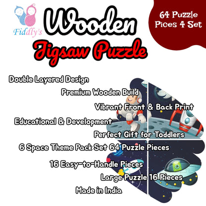 Fiddly's 16-Piece Wooden Jigsaw Puzzles for Kids Ages 3+, Double Layered Wooden Puzzles with Bright Front & Back Print
