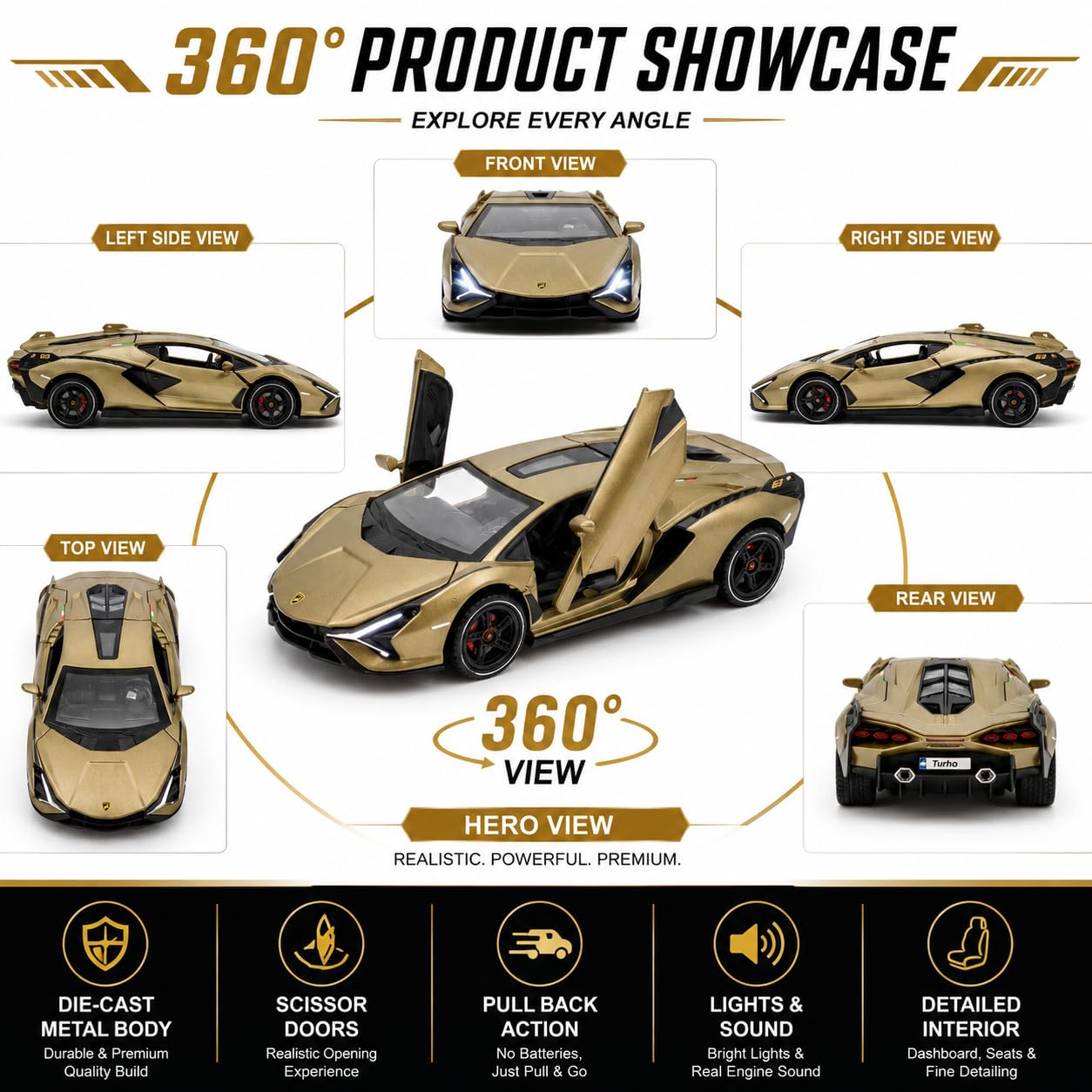 The Flyers Bay 1:32 Scale DieCast Metal Pull-Back Action Openable Doors Light and Music Lamborghini Premium Car Toy for Kids Realistic Miniature Model Gift 2+yrs Girls Boys