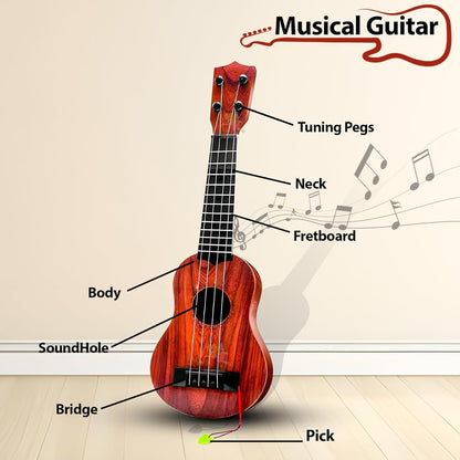 The Flyers Bay 4 Strings Acoustic Guitar Toy for Kids, Educational Musical Instrument for Beginners, Learning Music Toy with Sound, 6+ Years, Brown, 22 Inches