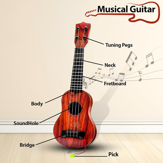 The Flyers Bay 4 Strings Acoustic Guitar Toy for Kids, Educational Musical Instrument for Beginners, Learning Music Toy with Sound, 6+ Years, Brown, 22 Inches