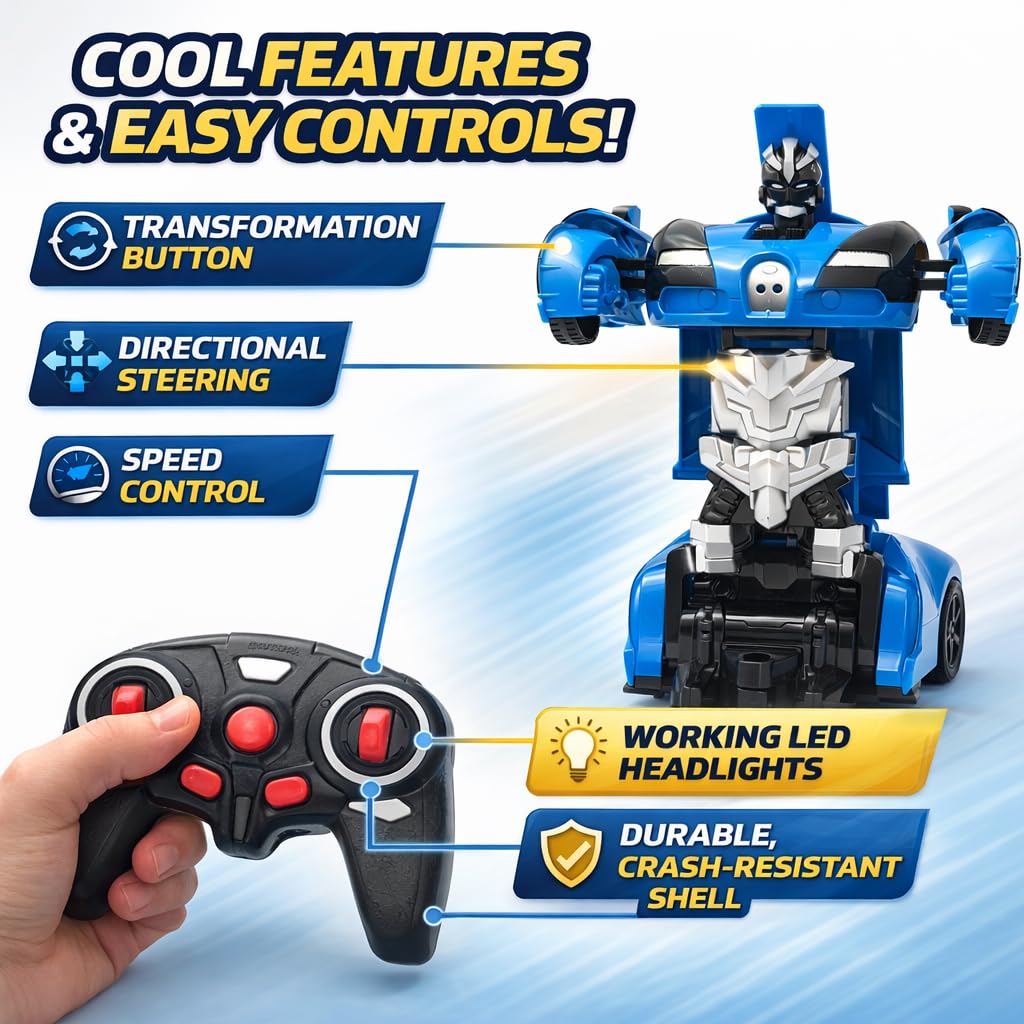 The Flyers Bay Remote Control Transforming Car Toy for Kids, Rechargeable RC Robot Car with Auto Transform, Lights & Sound, 2.4GHz RC, USB Charging, Stunt Toy for Boys Girls 4+ Years