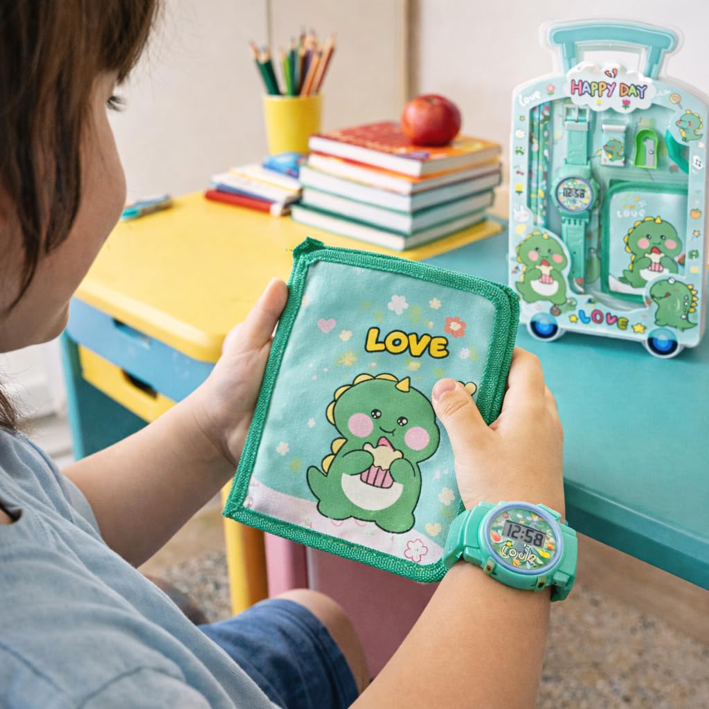 Fiddlys Kids Stationery Gift Set with Watch & Pouch | Cute Travel Kit for Boys & Girls | Pencil, Eraser, Sharpener, Wallet Combo