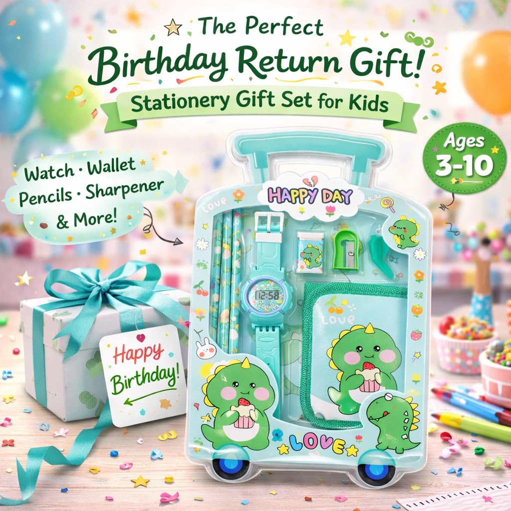 Fiddlys Kids Stationery Gift Set with Watch & Pouch | Cute Travel Kit for Boys & Girls | Pencil, Eraser, Sharpener, Wallet Combo