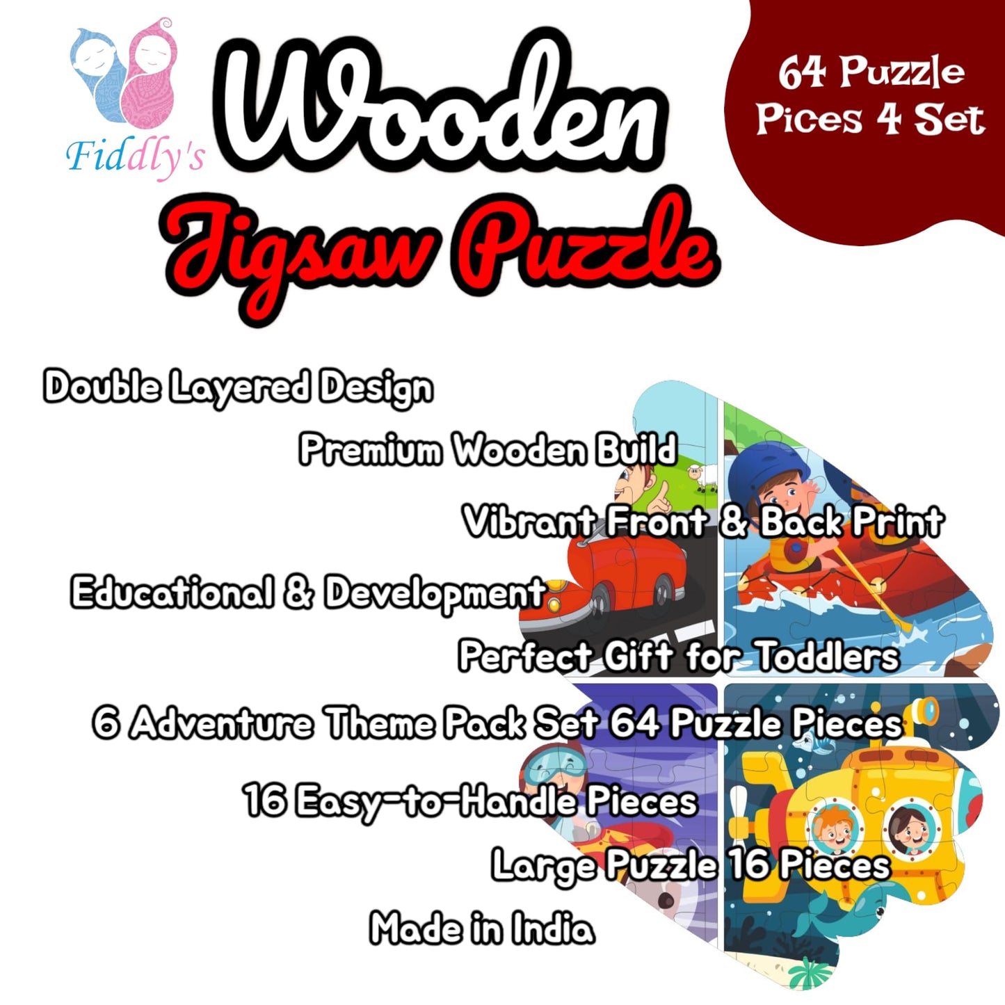 Fiddly's 16-Piece Wooden Jigsaw Puzzles for Kids Ages 3+, Double Layered Wooden Puzzles with Bright Front & Back Print