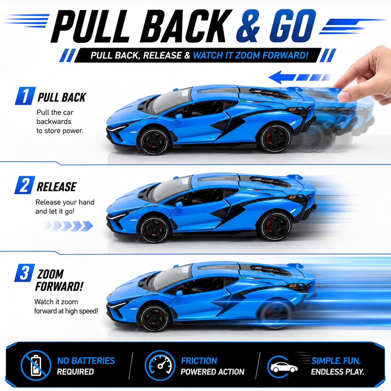 The Flyers Bay 1:32 Scale DieCast Metal Pull-Back Action Openable Doors Light and Music Lamborghini Premium Car Toy for Kids Realistic Miniature Model Gift 2+yrs Girls Boys