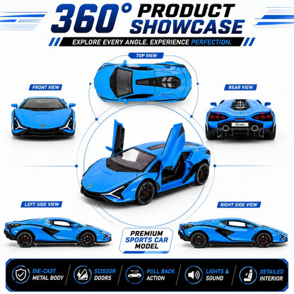 The Flyers Bay 1:32 Scale DieCast Metal Pull-Back Action Openable Doors Light and Music Lamborghini Premium Car Toy for Kids Realistic Miniature Model Gift 2+yrs Girls Boys