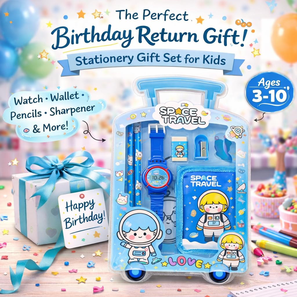 Fiddlys Kids Stationery Gift Set with Watch & Pouch | Cute Travel Kit for Boys & Girls | Pencil, Eraser, Sharpener, Wallet Combo