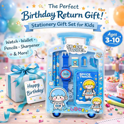 Fiddlys Kids Stationery Gift Set with Watch & Pouch | Cute Travel Kit for Boys & Girls | Pencil, Eraser, Sharpener, Wallet Combo