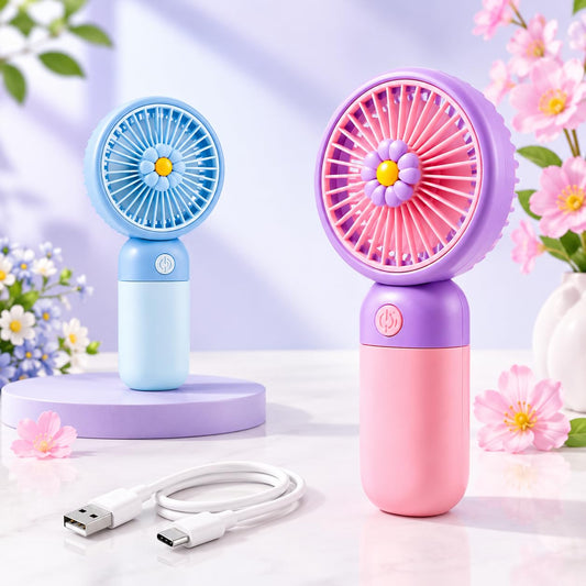 The Flyers Bay Mini Handheld Fan for Kids & Adults | Rechargeable USB Type-C Portable Fan with 3 Speed Modes | Handheld & Desktop Use | Cute Flower Design Pocket Fan for Travel, Office, School & Home