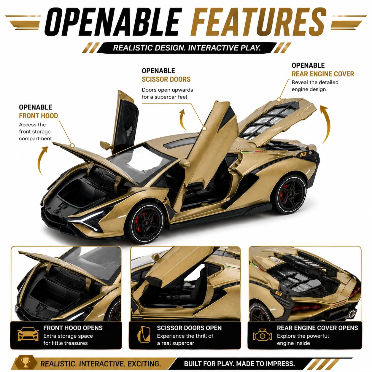 The Flyers Bay 1:32 Scale DieCast Metal Pull-Back Action Openable Doors Light and Music Lamborghini Premium Car Toy for Kids Realistic Miniature Model Gift 2+yrs Girls Boys