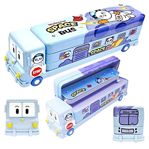 Fiddlys Stylish School Bus Geometry Box with Wheel for Kids 3+ Years (Blue)