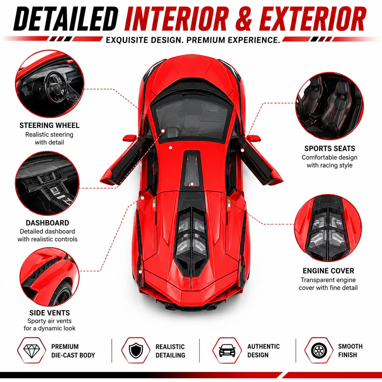 The Flyers Bay 1:32 Scale DieCast Metal Pull-Back Action Openable Doors Light and Music Lamborghini Premium Car Toy for Kids Realistic Miniature Model Gift 2+yrs Girls Boys
