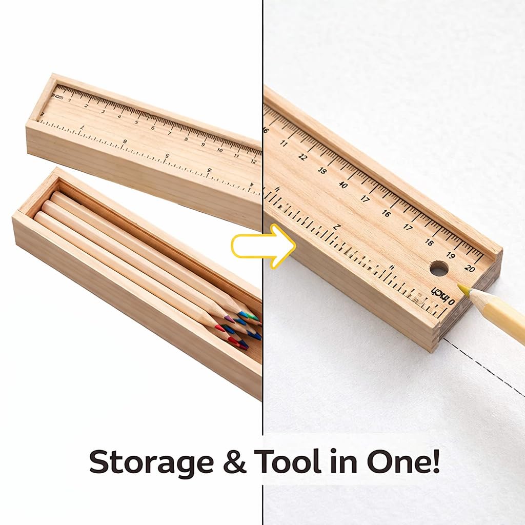 Fiddlys Wooden Pencil Set with Box | 12 Assorted Colour Crayon Pencils, Sharpener & Scale | Premium Eco-Friendly Wooden Pencil Case for Kids, Students, Artists & Architects