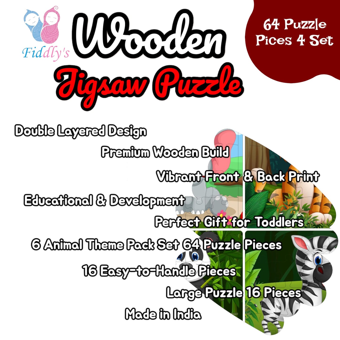Fiddly's 16-Piece Wooden Jigsaw Puzzles for Kids Ages 3+, Double Layered Wooden Puzzles with Bright Front & Back Print