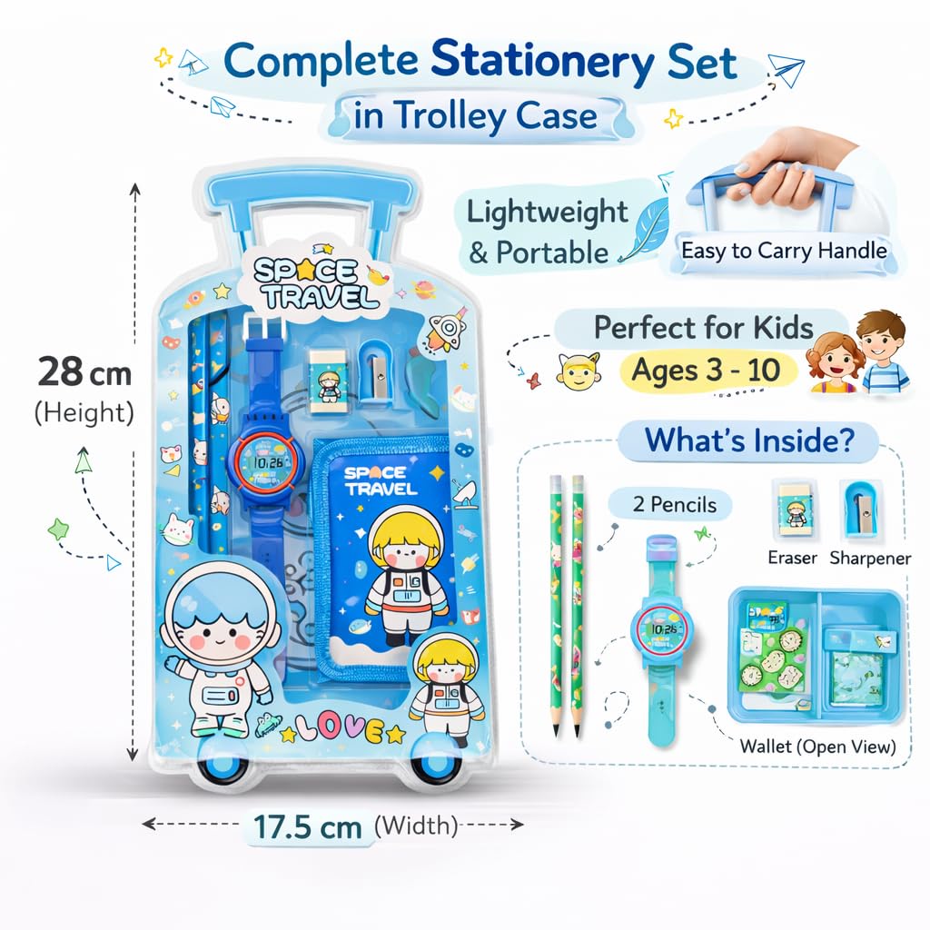 Fiddlys Kids Stationery Gift Set with Watch & Pouch | Cute Travel Kit for Boys & Girls | Pencil, Eraser, Sharpener, Wallet Combo