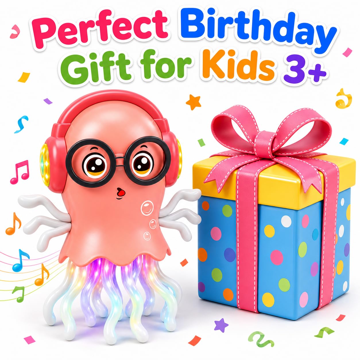 Fiddlys Electric Crawling Jellyfish Toy for Kids 3+, Musical Dancing Jellyfish with Colorful 3D Lights, Bump & Go 360° Movement, Battery Operated Toy, Birthday Gift for Boys & Girls