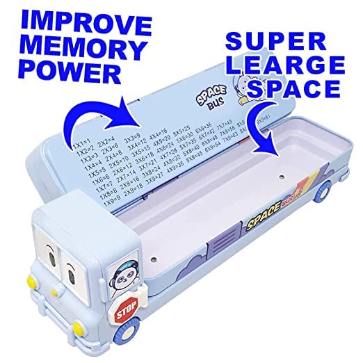 Fiddlys Stylish School Bus Geometry Box with Wheel for Kids 3+ Years (Blue)