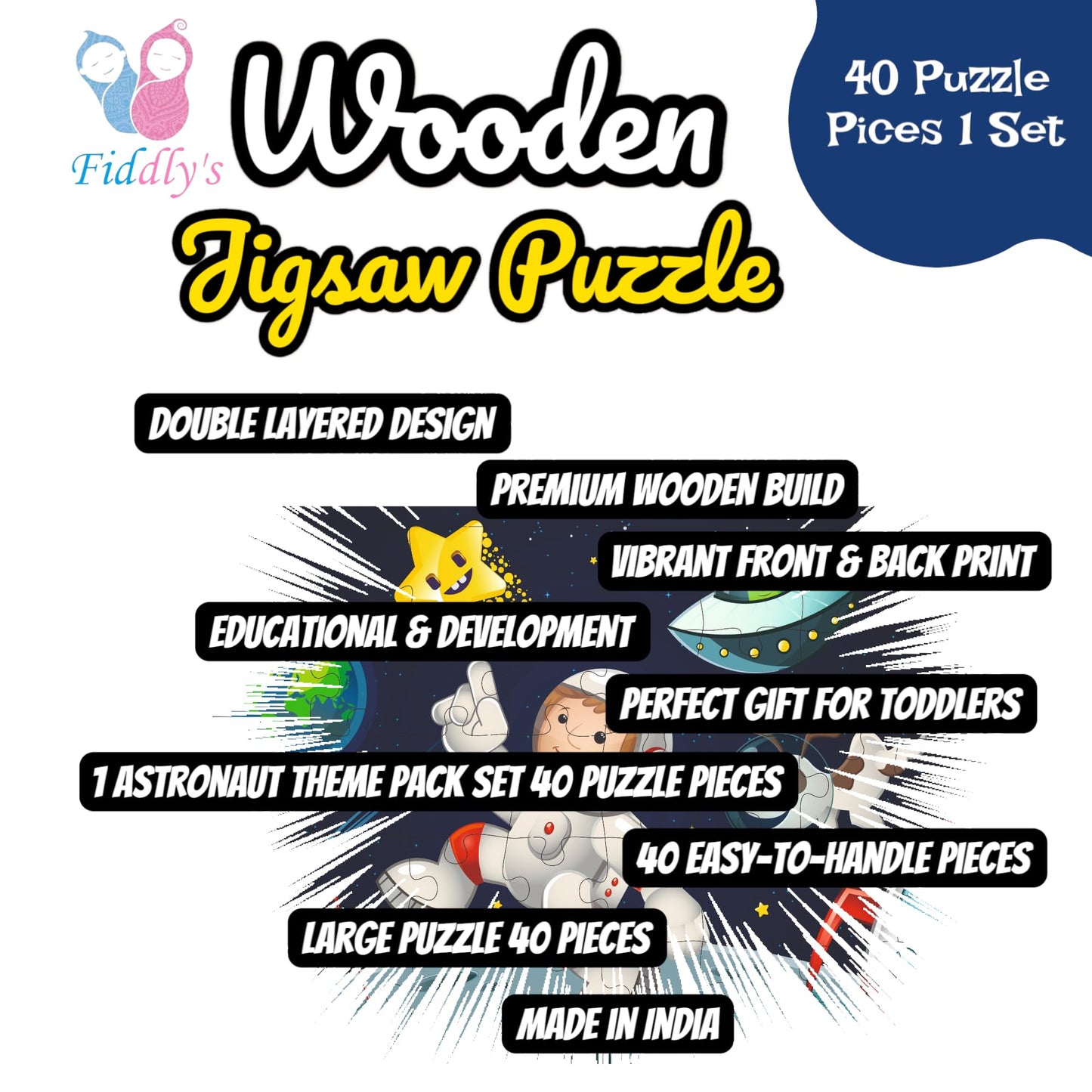 Fiddlys 40 Pcs Paperless Wooden Jigsaw Puzzle for Boys & Girls Learning Educational Toy for 4 Years and Above