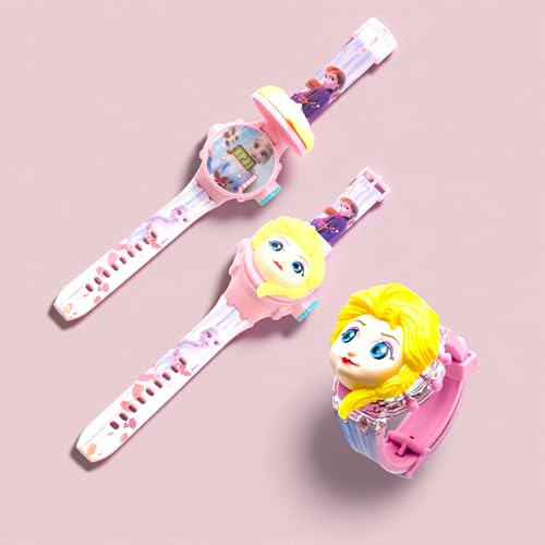 Fiddlys Kids Projection Watch Toy – Cartoon Digital Watch with 6 Image Projector, Adjustable Strap, Birthday Return Gift for Boys & Girls Age 3+ (Pink-Yellow)