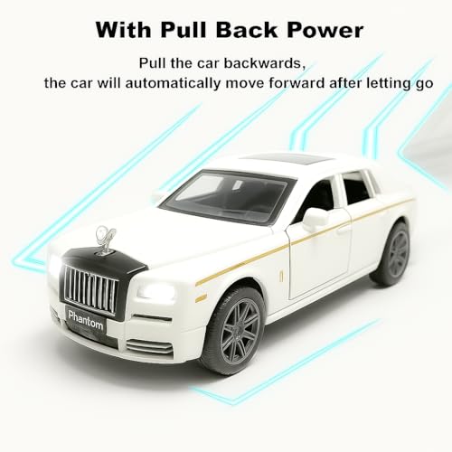 The Flyers Bay 1:32 Scale DieCast Metal Pull-Back Action Openable Doors, Lights and Music Rolls-Royce Phantom Premium Car Toy for Kids Realistic Miniature Model Gift 2+yrs Girls Boys Available (White)