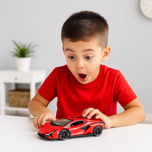 The Flyers Bay 1:32 Scale DieCast Metal Pull-Back Action Openable Doors Premium Car Toy for Kids Realistic Miniature Model Gift 2+yrs Girls Boys (Red)