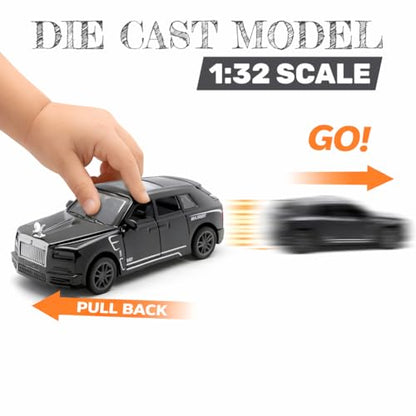 The Flyers Bay 1:32 Scale DieCast Metal Pull-Back Action Openable Doors Lights and Music Rolls-Royce Cullinan Premium Car Toy for Kids Realistic Miniature Model Gift 2+yrs Girls Boys (Black)