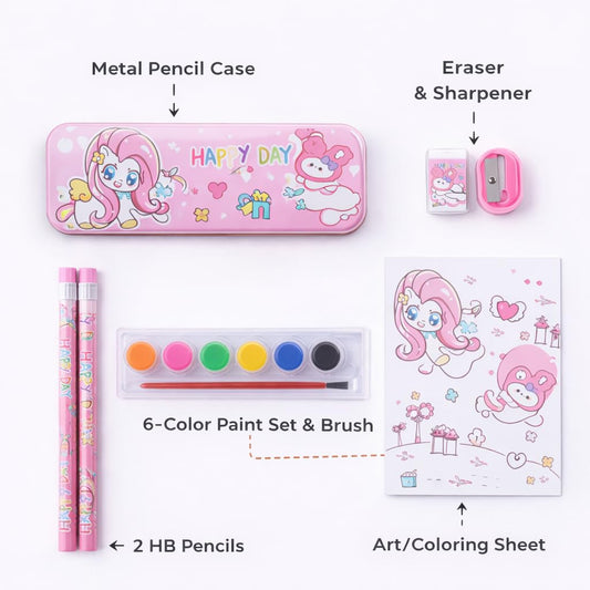 Fiddlys Kids Stationery Set with Metal Pencil Box | 3-in-1 DIY Kit Drawing Painting Writing | Cute Panda & Unicorn Design | Complete School Kit | Birthday Return Gift for Boys & Girls