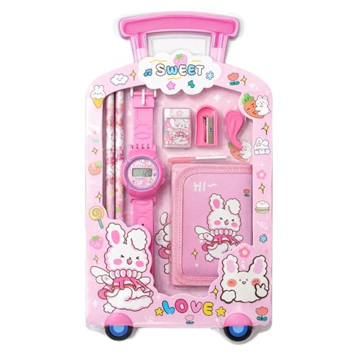 Fiddlys Kids Stationery Gift Set with Watch & Pouch | Cute Travel Kit for Boys & Girls | Pencil, Eraser, Sharpener, Wallet Combo (Sweet Bunny)