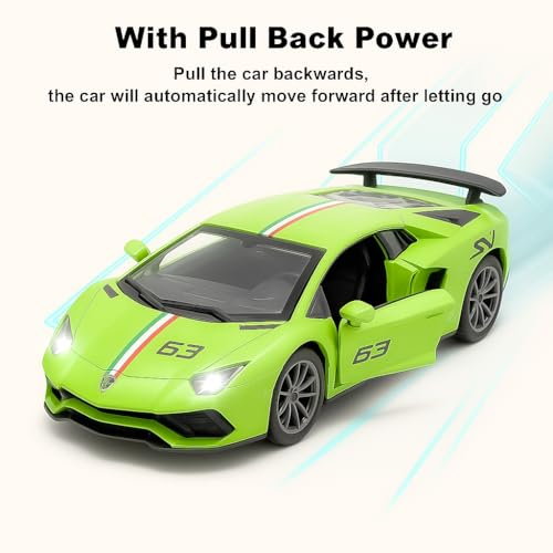 The Flyers Bay 1:32 Scale DieCast Metal Pull-Back Action Openable Doors Lights and Music Lamborghini Premium Car Toy for Kids Realistic Miniature Model Gift 2+yrs Girls Boys (Green)