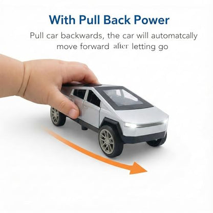 The Flyers Bay 1:32 Scale DieCast Metal Pull-Back Action Openable Doors Lights and Music Rolls-Royce Car Toy for Kids Gift 2 3 4 5 6 Years Girls Boys (Tesla Cybertruck Silver)