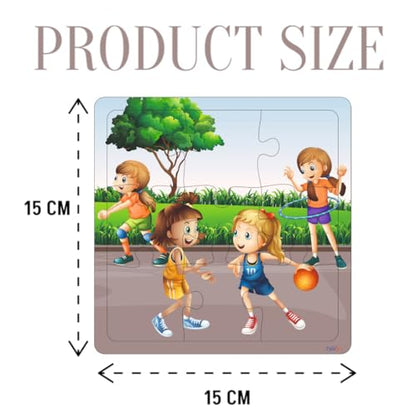 Fiddlys Wooden Jigsaw Puzzles for Kids & Children – 9 Pieces Each, Pack of 4|Double Layered Front & Back Print| Educational Toy for Boys & Girls Age 2 3 4 5 6 Year Old (Sports - Pack of 4)