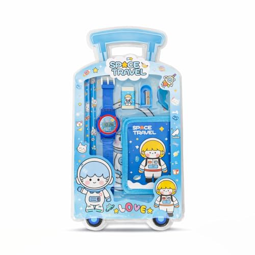 Fiddlys Kids Stationery Gift Set with Watch & Pouch | Cute Travel Kit for Boys & Girls | Pencil, Eraser, Sharpener, Wallet Combo (Space Travel)